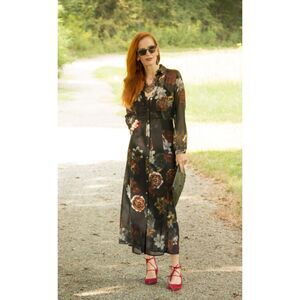 SOFT SURROUNDINGS 2 PC MAXI BUTTON DOWN L/S SHEER DRESS BLACK FLORAL